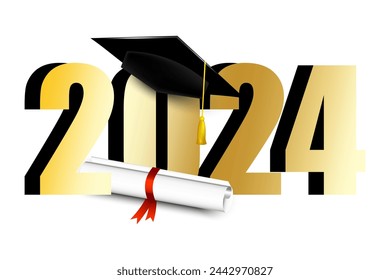 Golden 2024 numerals with a graduation cap and diploma. Vector illustration. EPS 10.