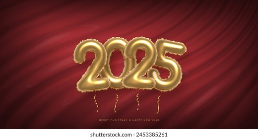 Golden 2025 balloon numbers vector illustration. Merry Christmas and Happy New year banner template. Festive postcard, xmas greeting card design with red curtain, holiday congratulations.