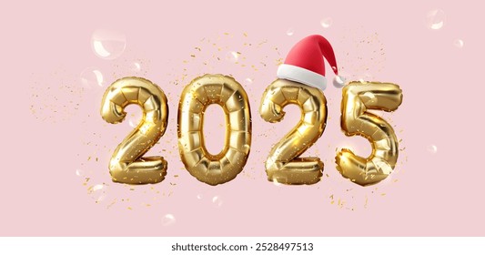 Golden 2025 balloons with Santa hat on pink background. Festive holiday design for New Year and Christmas celebration, with confetti and bubbles. 3D vector illustration