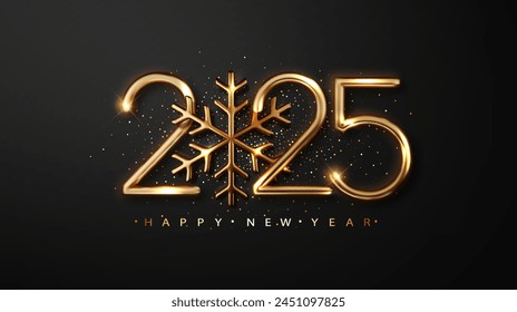 Fondo dorado 2025 Feliz Año Nuevo con copo de nieve. Negro Nuevo año y fondo de Navidades. Plantilla para tarjeta de diseño de vacaciones, Anuncio