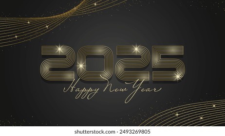 Golden 2025 happy new year lettering with sparkling particles for new year's eve celebration. Vector illustration