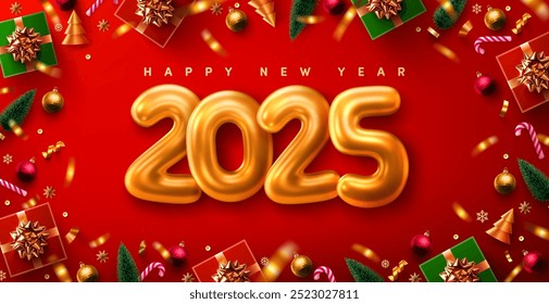 Golden 2025 New Year Celebration Promotion Poster or banner with gift box and christmas element for Retail,Shopping or Christmas Promotion.New year 2025 with realistic 3d gold metal text