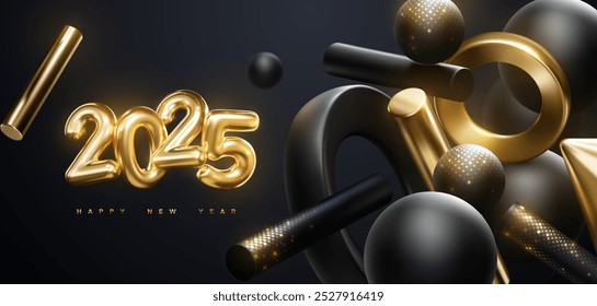 Números dourados de 2025 com formas geométricas 3d preto e dourado fluindo. Ilustração festiva vetorial. Feliz Ano Novo 2025. Cartaz festivo ou design de banner. Convite do grupo