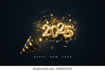 Golden 2025 numbers, party popper cone and glittering confetti isolated on black background. Vector festive illustration. Holiday decoration of sparkling tinsel particles. Happy New Year party banner