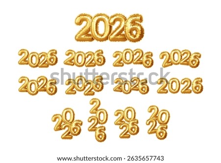 Golden 2026 Balloons Set Vector Illustration, Isolated Collection of Bright Shiny Numbers, Festive New Year Decor, Vibrant and Eye Catching Design Perfect for Celebratory Background