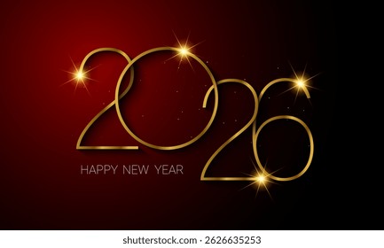 Golden 2026 happy new year template design on red background. Banner, poster, greeting card. Vector illustration.