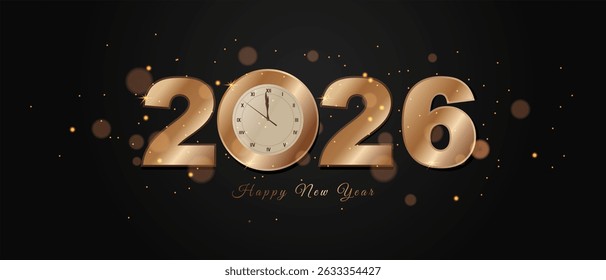 Golden 2026 Happy New Year text with elegant clock showing midnight on dark background. Festive design with sparkling lights and bokeh effects, ideal for holiday cards, invitations. Vector