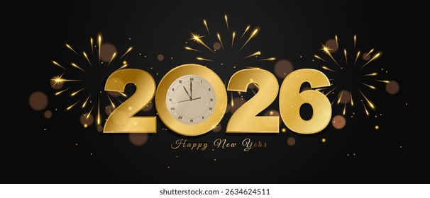 Golden 2026 Happy New Year text with clock showing midnight and bright fireworks on a dark background. Elegant festive design perfect for holiday cards, invitations, celebration banners marketing10eps