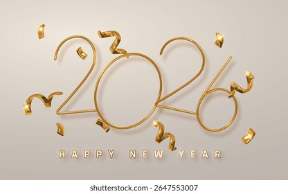 Golden 2026 New Year Celebration With Elegant Thin Line Numbers, Shiny Confetti, And Minimal Beige Background. Perfect For Holiday Invitations And Greetings. Vector Illustration.
