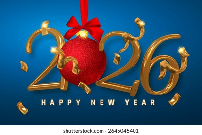 Golden 2026 New Year Greeting with Red Christmas Ornament, Ribbons, and Confetti on Blue Background. Elegant Holiday Celebration Design for Seasonal Use. Vector Illustration.