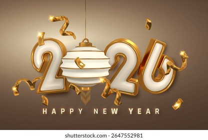 Golden 2026 New Year Greeting With White Chinese Lantern, Shiny 3D Numbers, And Festive Confetti On Brown Background. Perfect Holiday Celebration Design. Vector Illustration.
