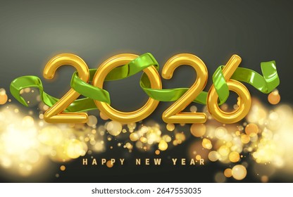 Golden 2026 New Year With Shiny Green Ribbon And Glowing Lights On Dark Background. Luxury Holiday Celebration Theme With Elegant Style. Vector Illustration.