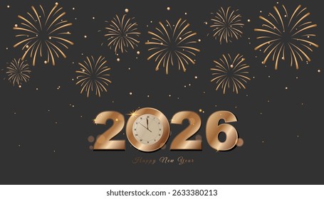 Golden 2026 New Year text with midnight clock and sparkling fireworks on dark background. Elegant festive design ideal for holiday greetings, invitations, and celebration events. Vector