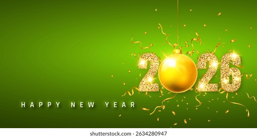 Golden 2026 New Year Text with Sparkling Confetti and Christmas Ornament on Green Background, Festive Party Celebration Design, Elegant Holiday Banner Vector Illustration.