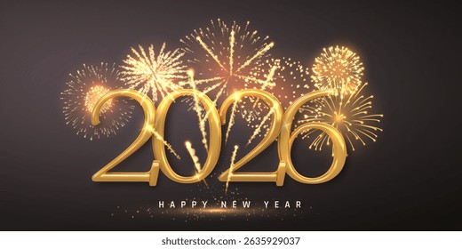 Golden 2026 New Year Text with Glowing Fireworks in Dark Sky. Festive Celebration, Luxury Style Design, Perfect for Holiday Greeting Cards and Posters. Vector Illustration.