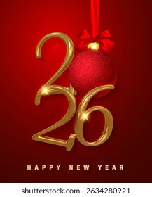 Golden 2026 Numbers with Red Christmas Ball and Ribbon on Festive Red Background. Elegant Happy New Year Greeting Concept for Celebration and Winter Holidays. Vector Illustration.