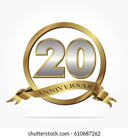 golden 20th anniversary logo vector with isolated number in a circle and a ribbon below with shadow effect