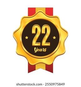 Golden 22 years anniversary badge with ribbon design. Gold medal badge emblem