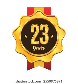 Golden 23 years anniversary badge with ribbon design. Gold medal badge emblem