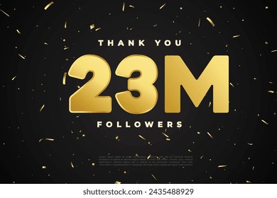 Golden 23M isolated on Black background with sparkling confetti, Thank you followers peoples, 23M online social group, 24M svg