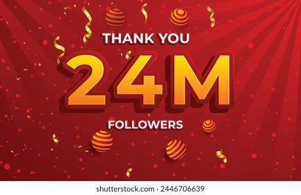 Golden 24M isolated on red background, Thank you followers peoples, 24M online social group, 24 Million followers celebration, Congratulation card. svg