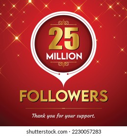 Golden 25 million with star and red background. Vector illustration.