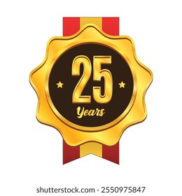 Golden 25 years anniversary badge with ribbon design. Gold medal badge emblem