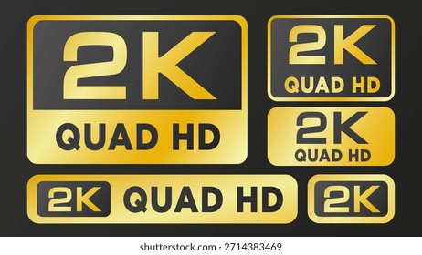 Icono dorado de la resolución del HD del cuadrángulo 2K fijado en fondo negro. Video Pantalla y etiqueta de calidad de la pantalla. Ilustración vectorial