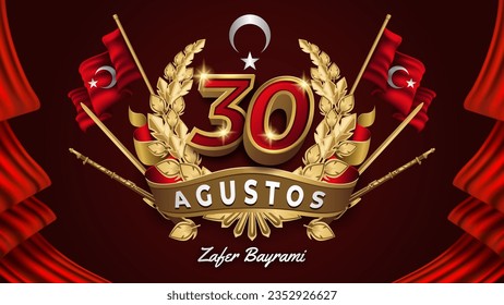 Golden 30 Agustos Zafer Bayrami Badge with Red Flags Background