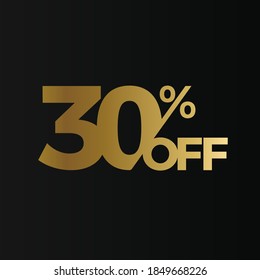 Golden 30 percent off flat cartoon style vector logo concept. 30 % sale isolated icon on black background. Thirty percent discount for business. Vector illustration