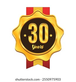 Golden 30 years anniversary badge with ribbon design. Gold medal badge emblem