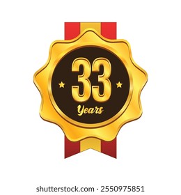 Golden 33 years anniversary badge with ribbon design. Gold medal badge emblem