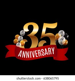 Golden 35 Years Anniversary Template with Red Ribbon Vector Illustration EPS10
