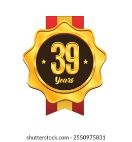 Golden 39 years anniversary badge with ribbon design. Gold medal badge emblem