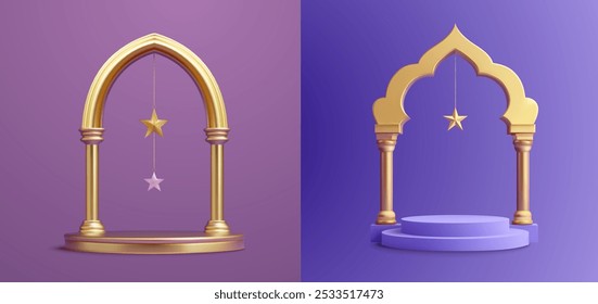 Arcos dourados 3d com estrelas penduradas em fundos roxos vibrantes. Estes arcos elegantes e ornamentais simbolizam celebração, luxo e festividade. Perfeito para projetos decorativos, design de eventos.