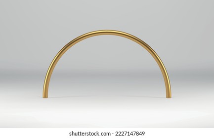 Golden 3d archway studio background foundation for product presentation realistic vector illustration. Metallic glossy arch minimalist stand construction for advertising promo decor element