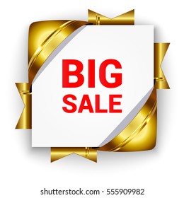 Golden 3D banner for sale. White square background tied with ribbons. Realistic ads for the Internet and print. button for websites.