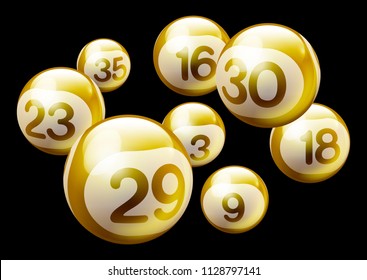 Golden 3D Bingo Lottery Number Balls Isolated on Black Background