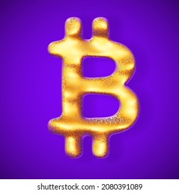 Golden 3D Bitcoin logo with digital pixels on blue background. Concept of growing profit from BTC and other cryptocurrencies mining. Comparison of bitcoin cost with gold. Vector illustration.