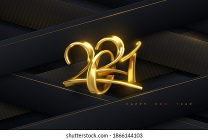 Golden 3d calligraphic numbers 2021. Holiday vector illustration. Metallic jewelry characters. Modern calligraphy on black paper background. Happy New 2021 Year. Festive banner or sign design.