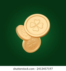 Golden 3D coins with clover leaves floating on dark green background. St. Patrick Day luck symbols. Vector illustrations. Holiday card, banner with money render.