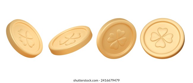 Golden 3d coins set with clover leaves pattern in different angles. Gold fortune money. St. Patrick's Day shiny element render. Cartoon vector illustration isolated on white background.