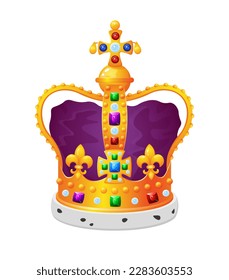 Golden 3d crown with French lily and Cross. Inspired by Edward's crown. Isolated vector illustration on white background.
