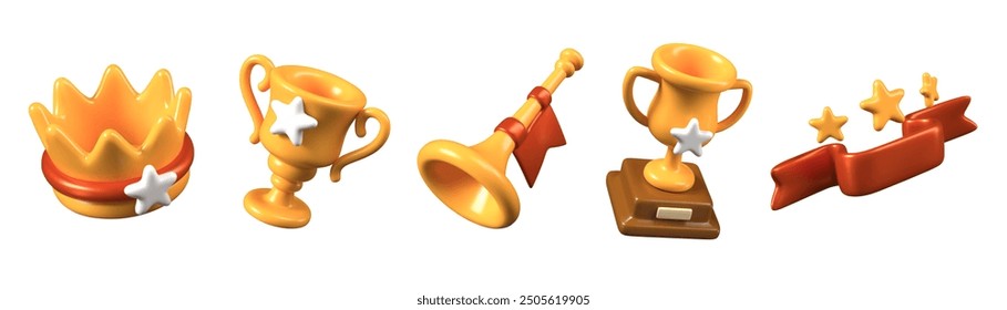 Golden 3D crown, goblet, trumpet, bowl on stand, blank festive ribbon