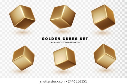 Conjunto de cubos dorados 3d. Colección geométrica cuadrada de oro realista.
