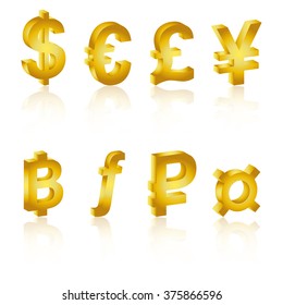 Golden 3D Currency Symbols, Currency Icon. Vector Illustration