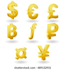 Golden 3D currency symbols, realistic of currency icon. Vector illustration 