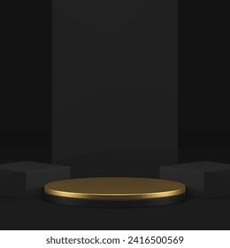Golden 3d cylinder podium pedestal with black wall luxury product display realistic vector background. Premium round stage with cube platform geometric fashion showroom for commercial presentation