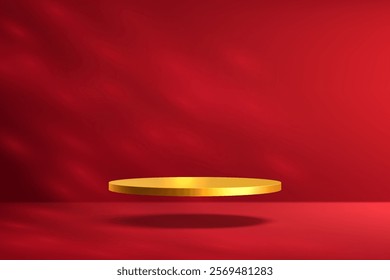 Golden 3D cylindrical podium background floating on air in red empty wall scene. Minimalist 3D mockup pedestal. Abstract stand product display presentation, Stage for showcase. Vector platforms design