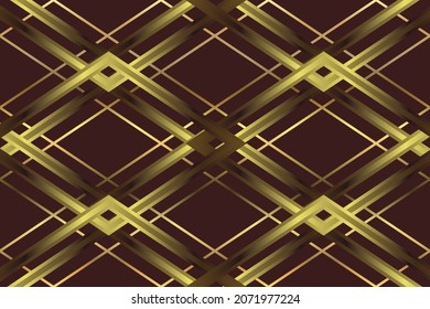 Golden 3d decorative background, seamless pattern. Gold lines, rhombuses